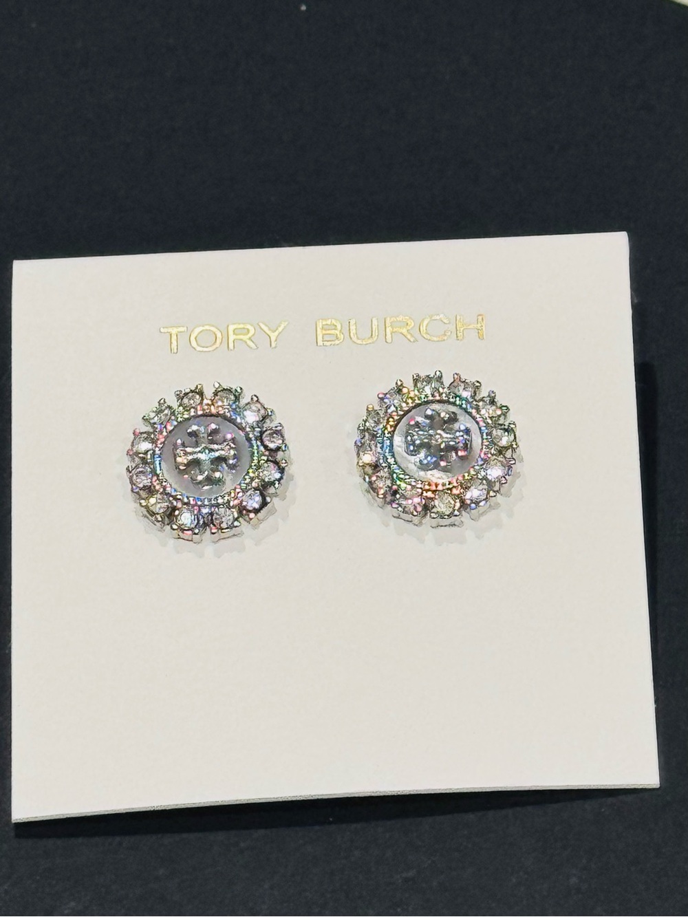 Tory Burch Mother of Pearl Pave Stud Earrings Silver NWT